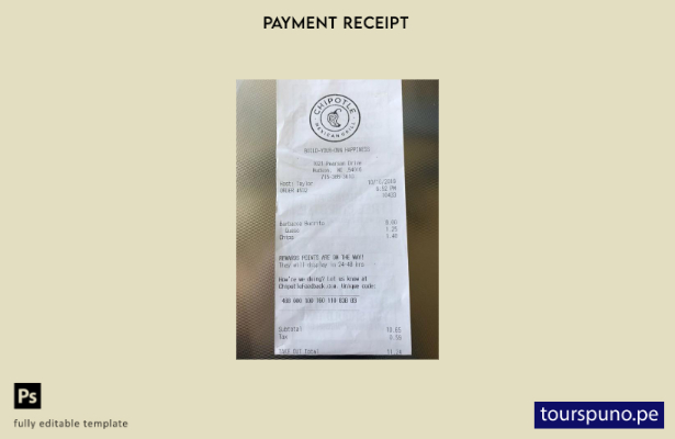 Plantilla de recibo de pago de restaurante Chipotle de EE. UU. lista para imprim